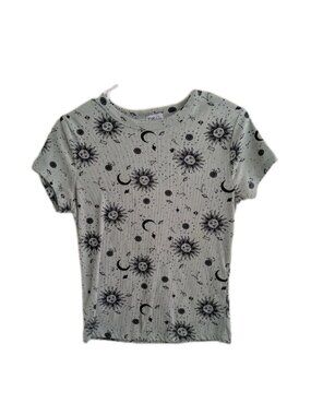 Rue 21 Celestial Sun Moon Top Green Ribbed Short Sleeve Whimsigoth Alt Fairycore